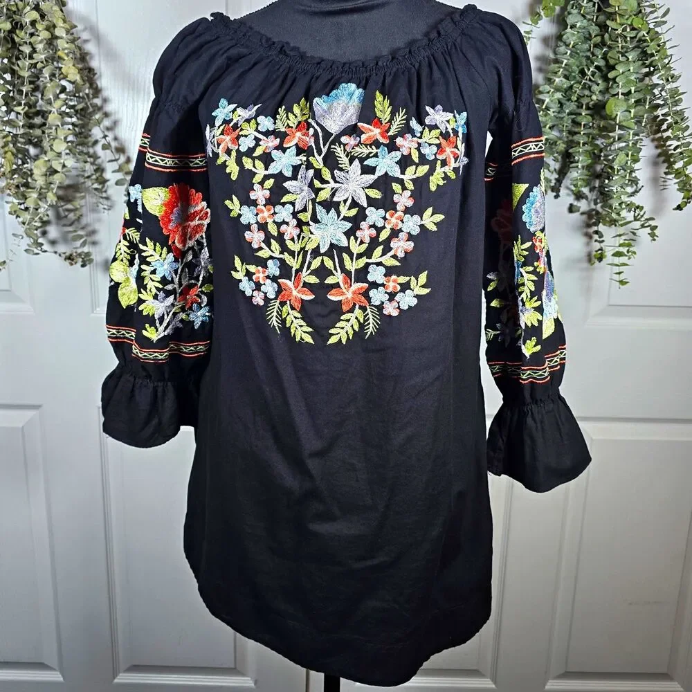 Free People Black Fleur Du Juor Off Shoulder Shift Mini Dress XS Cotton Pockets